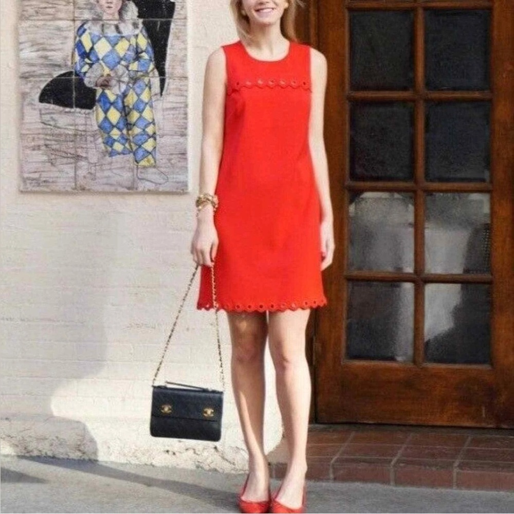 J. Crew Size 8 Red Sleeveless Scalloped Dress with Grommets - Picture 2 of 7